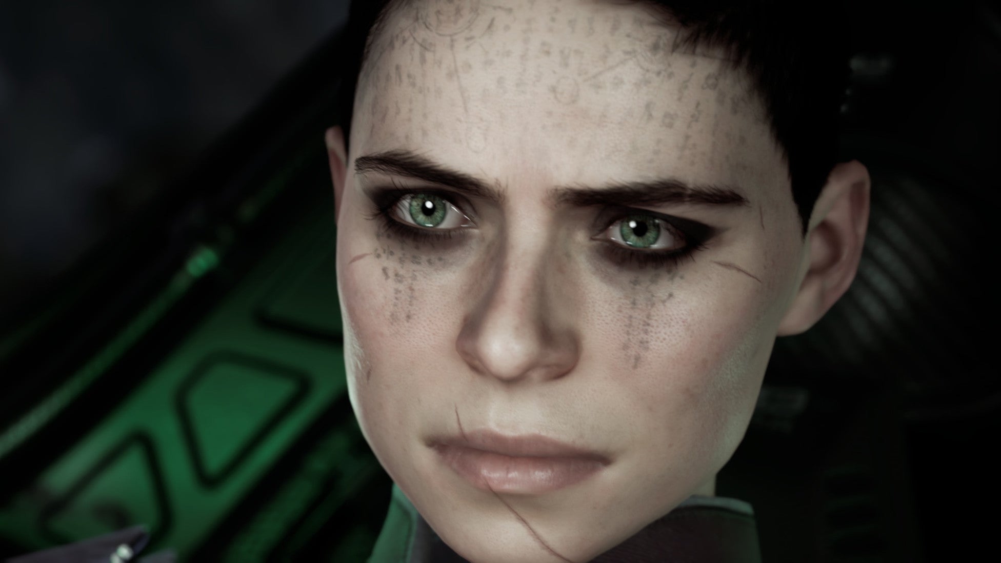 A close-up of Nara's face as she pilots her spaceship in a Chorus screenshot.