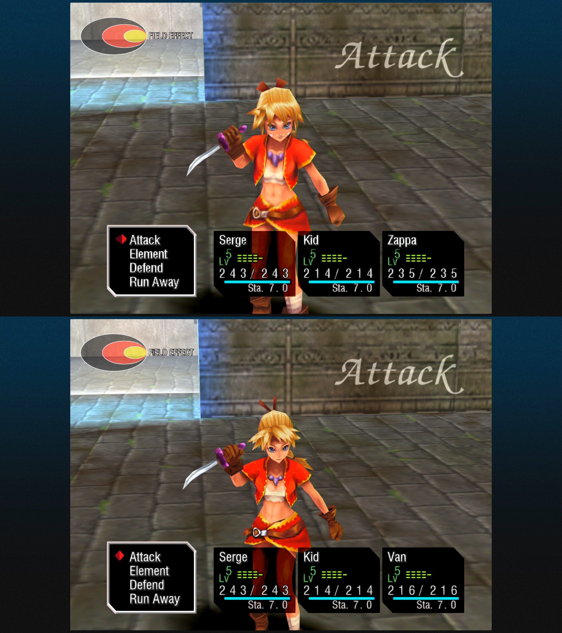 Uma comparação entre o visual original e o novo nas capturas de tela de Chrono Cross: The Radical Dreamers Edition.