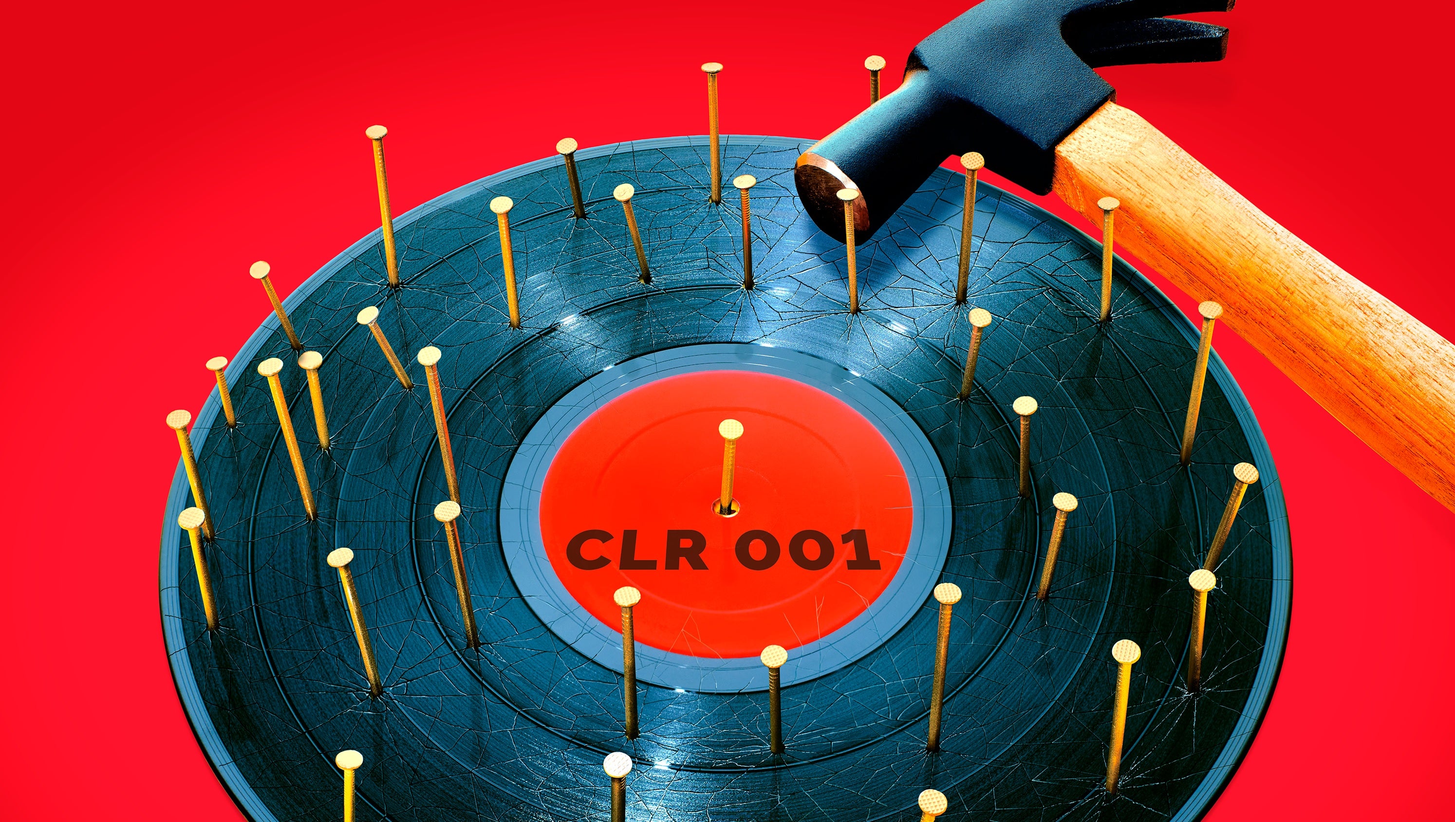 CircoLoco Records - Monday Dreamin' album artwork: A record labeled "CLR 001" with a bunch of nails through it and a hammer laying on its side on top.
