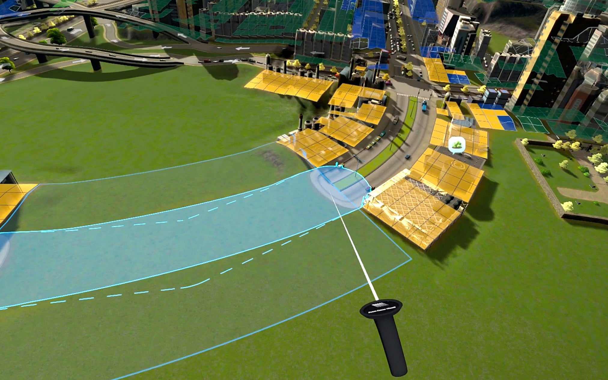 A screenshot of Cities: VR, a spin-off from Cities Skylines, showing a road being drawn using a VR wand.