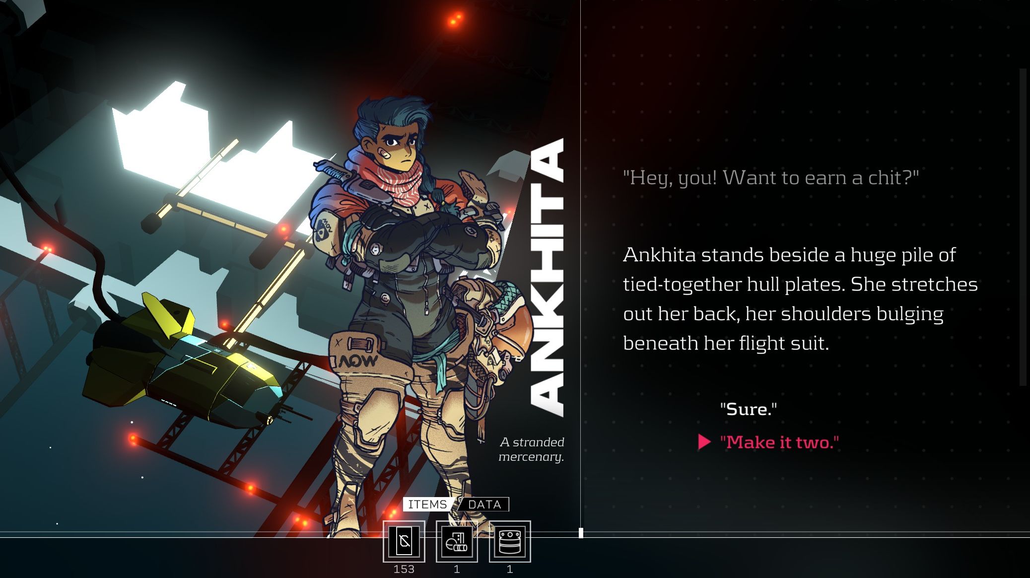 Ankhita, a stranded mercenary, asks the player character in Citizen Sleeper if they want to earn a chit