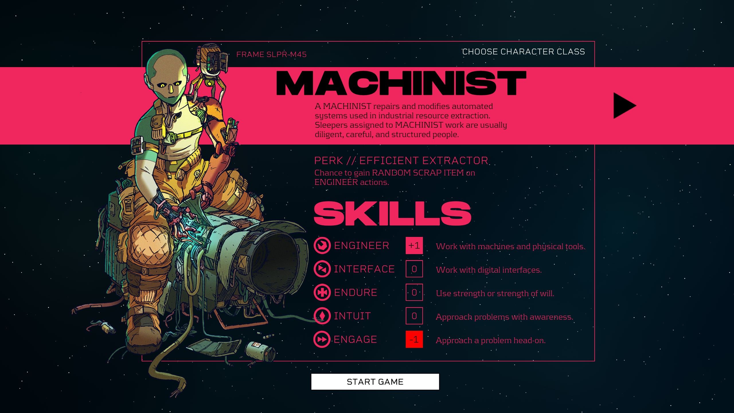 The character selection screen for the Machinist class in Citizen Sleeper