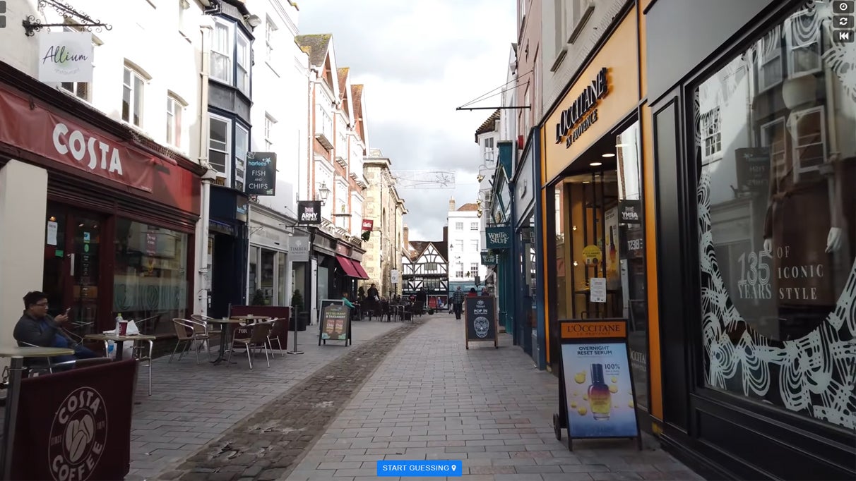 An image of a video taken from the streets of a city in the UK. Guessing which city is the aim of the game City Guesser.