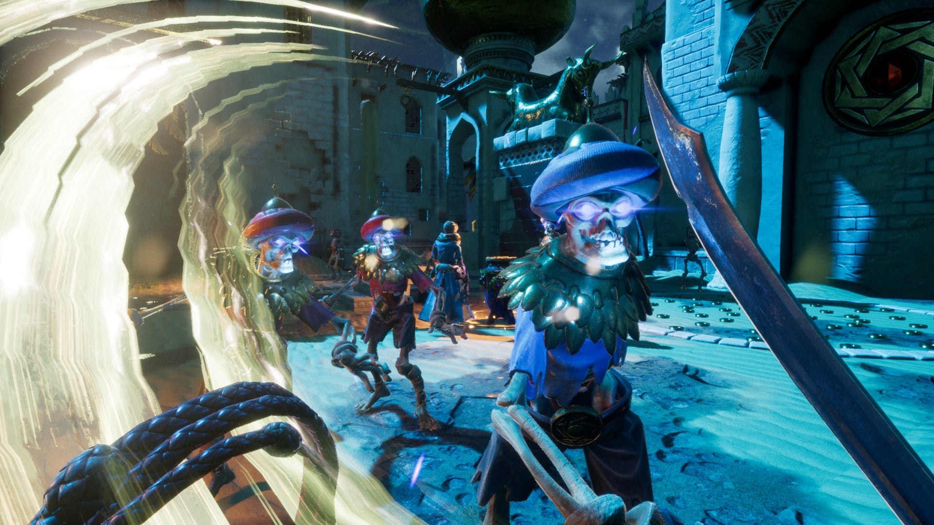 Fighting skeletons in a City of Brass screenshot.