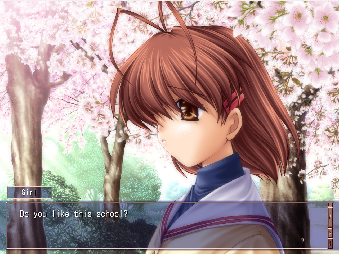 Nagisa (identified as "Girl") asks Tomoya if he likes school while standing under the cherry blossom trees, as part of their first interaction in Clannad.