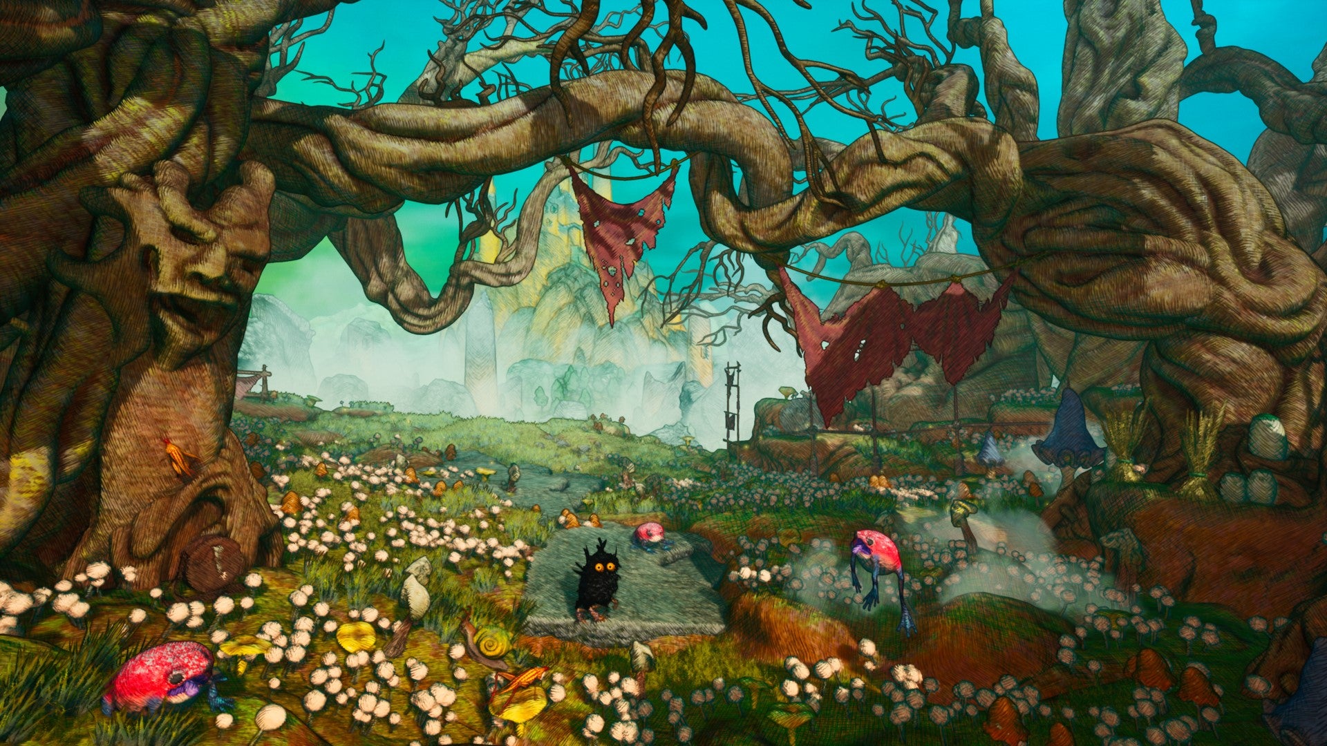 The Boy stands in a colourful mushroom grove flanked by gnarled trees in Clash: Artifacts Of Chaos.