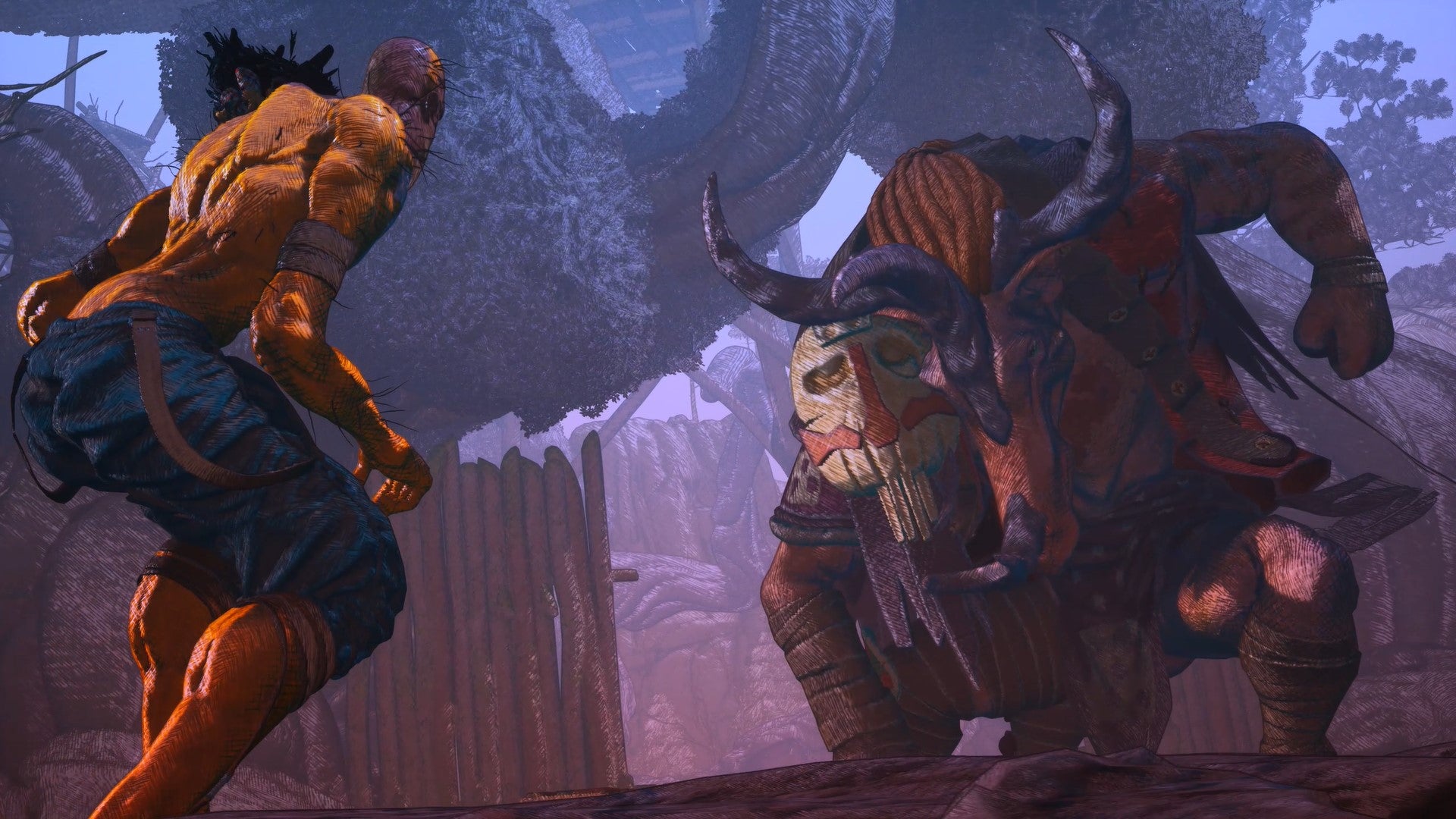 Pseudo prepares to fight a huge horned beast in Clash: Artifacts Of Chaos.