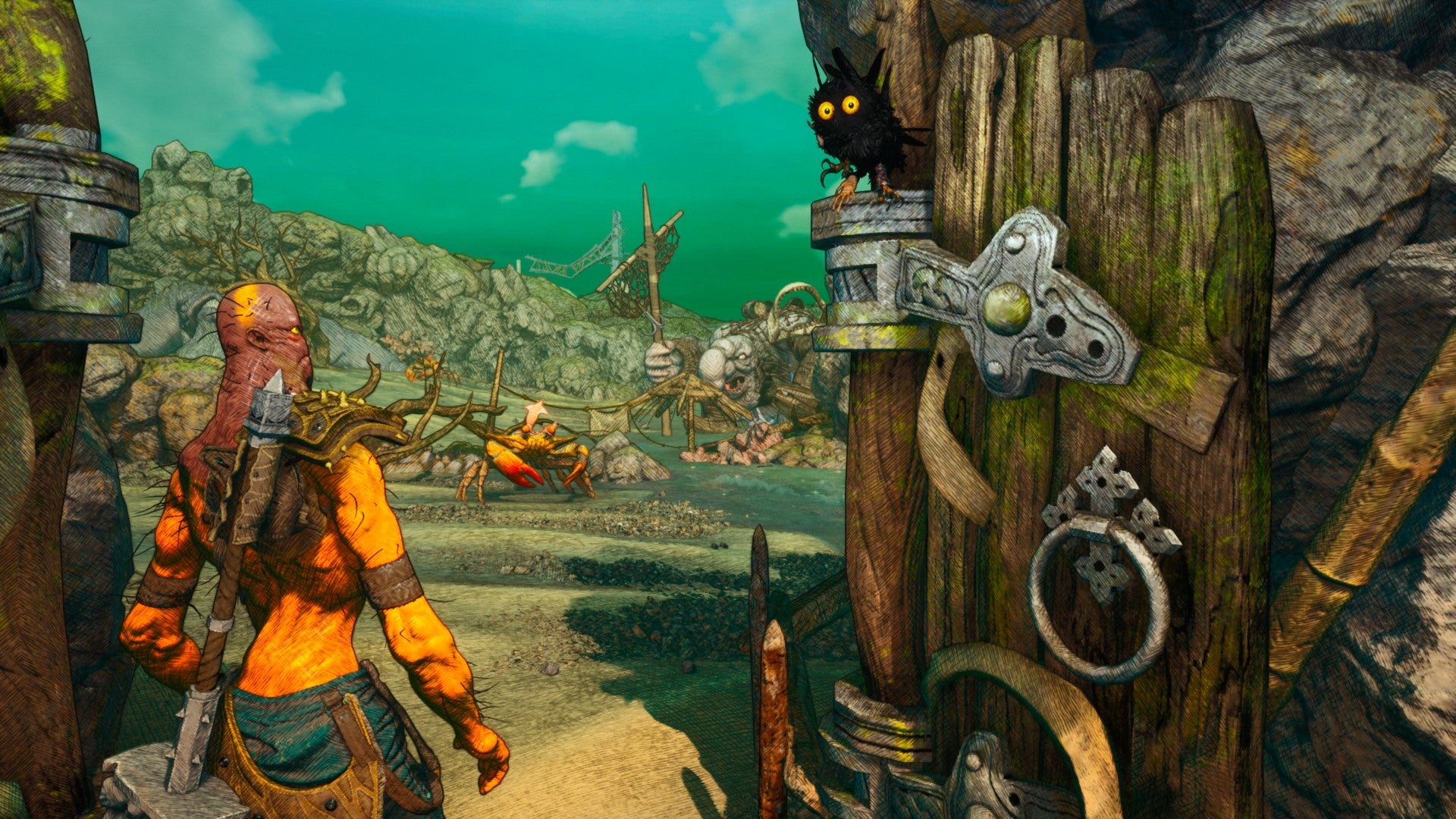 A screenshot from Clash: Artifacts Of Chaos of Pseudo and Boy opening a gate leading to a beautiful coastline, near a giant crab and a gnarled witch.