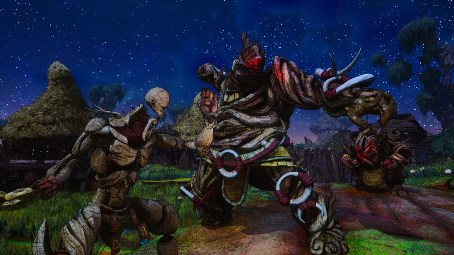 A screenshot from Clash: Artifacts Of Chaos that shows Pseudo (locked in wood) battling a demonic great foe at night.
