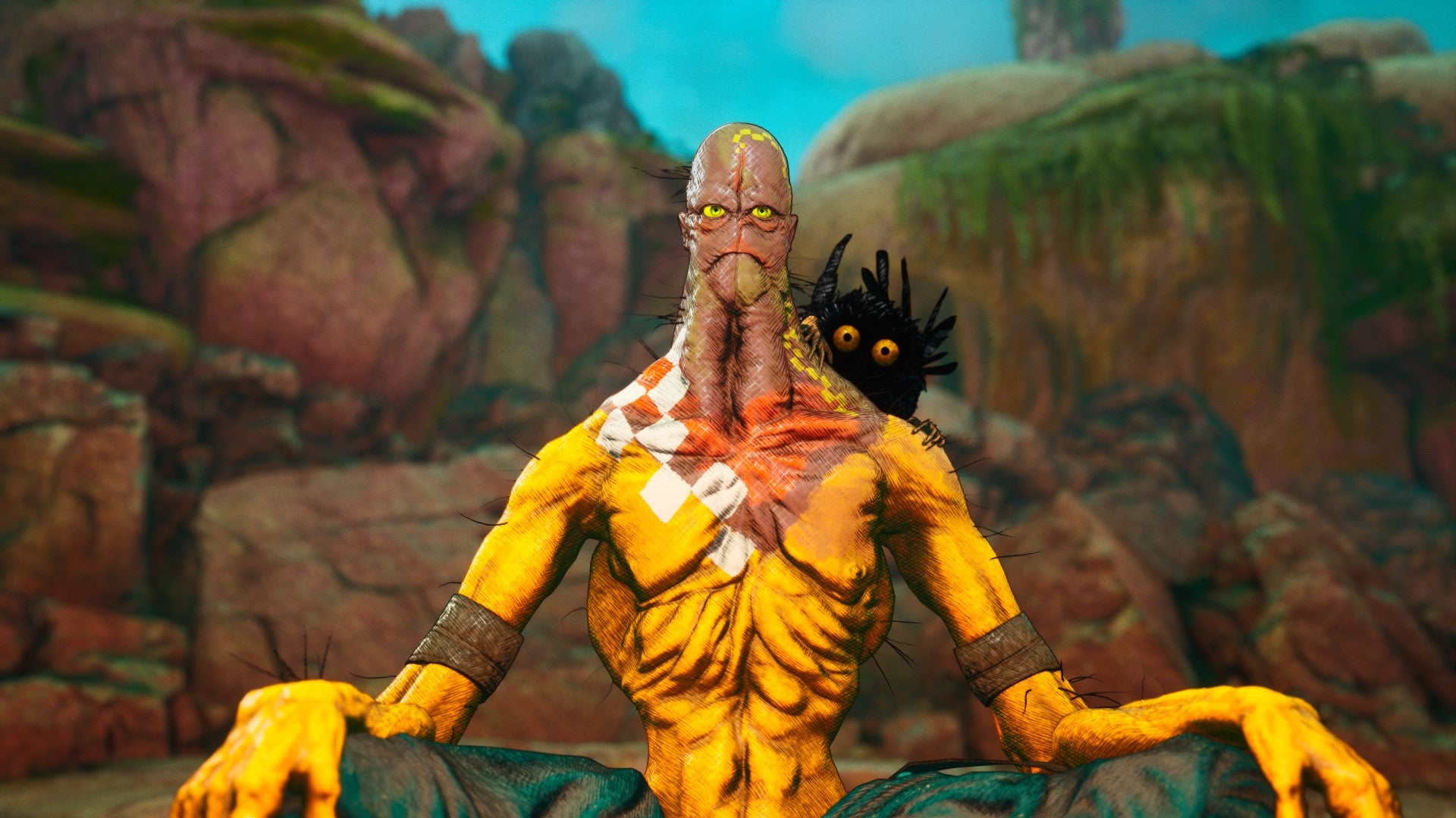 A close-up of Pseudo in a meditative pose in Clash: Artifacts Of Chaos.