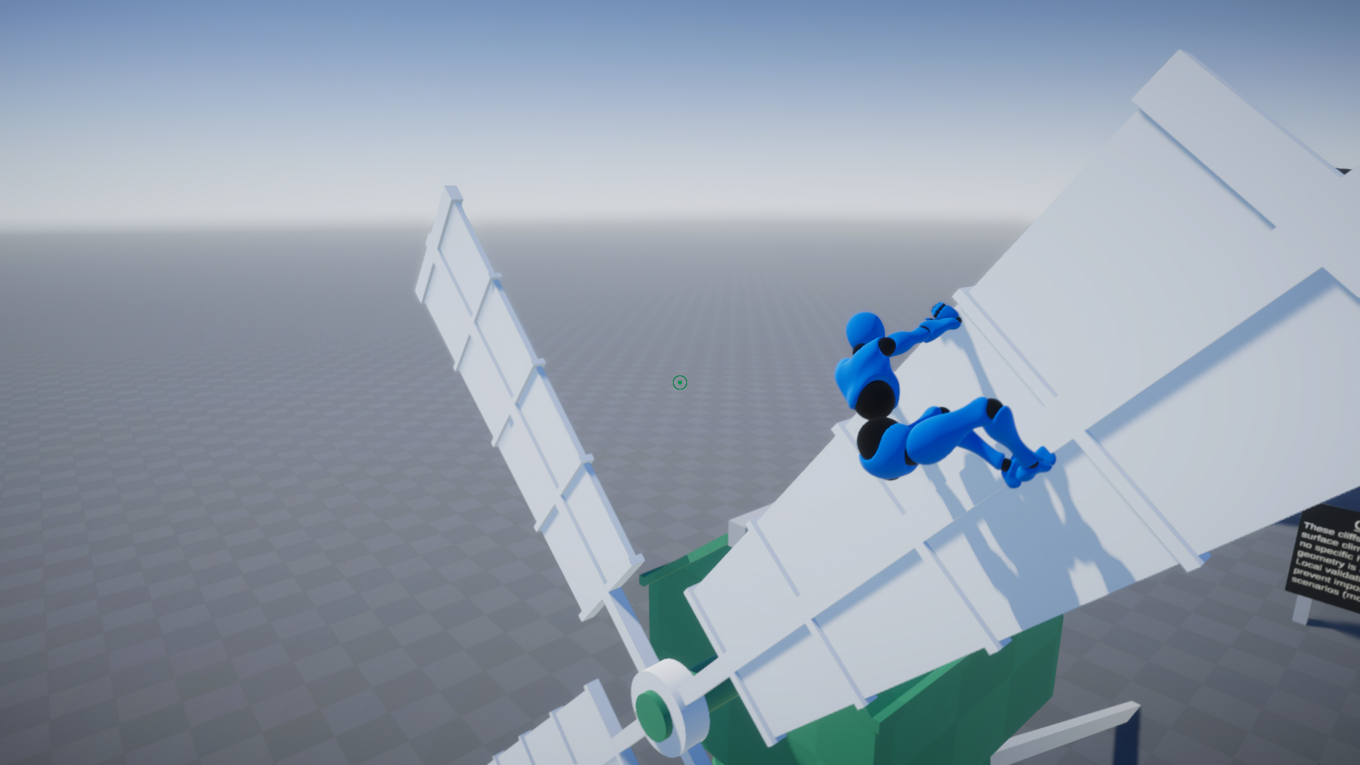 A screenshot of a climbing tech demo showing a blue crash test dummy hanging on to a rotating windmill blade in a greybox world.