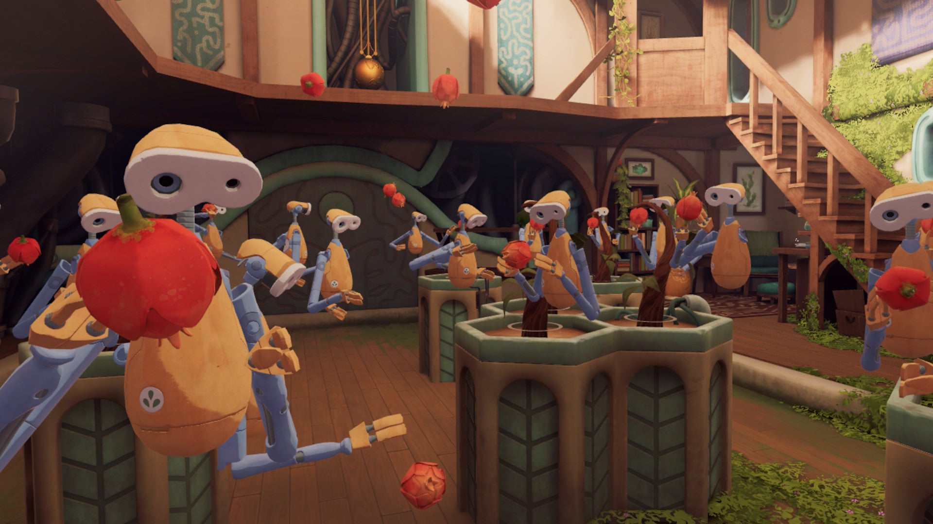 A screenshot from the VR game Clockwinder, showing many identical little humanoid robots all doing different things in a small garden