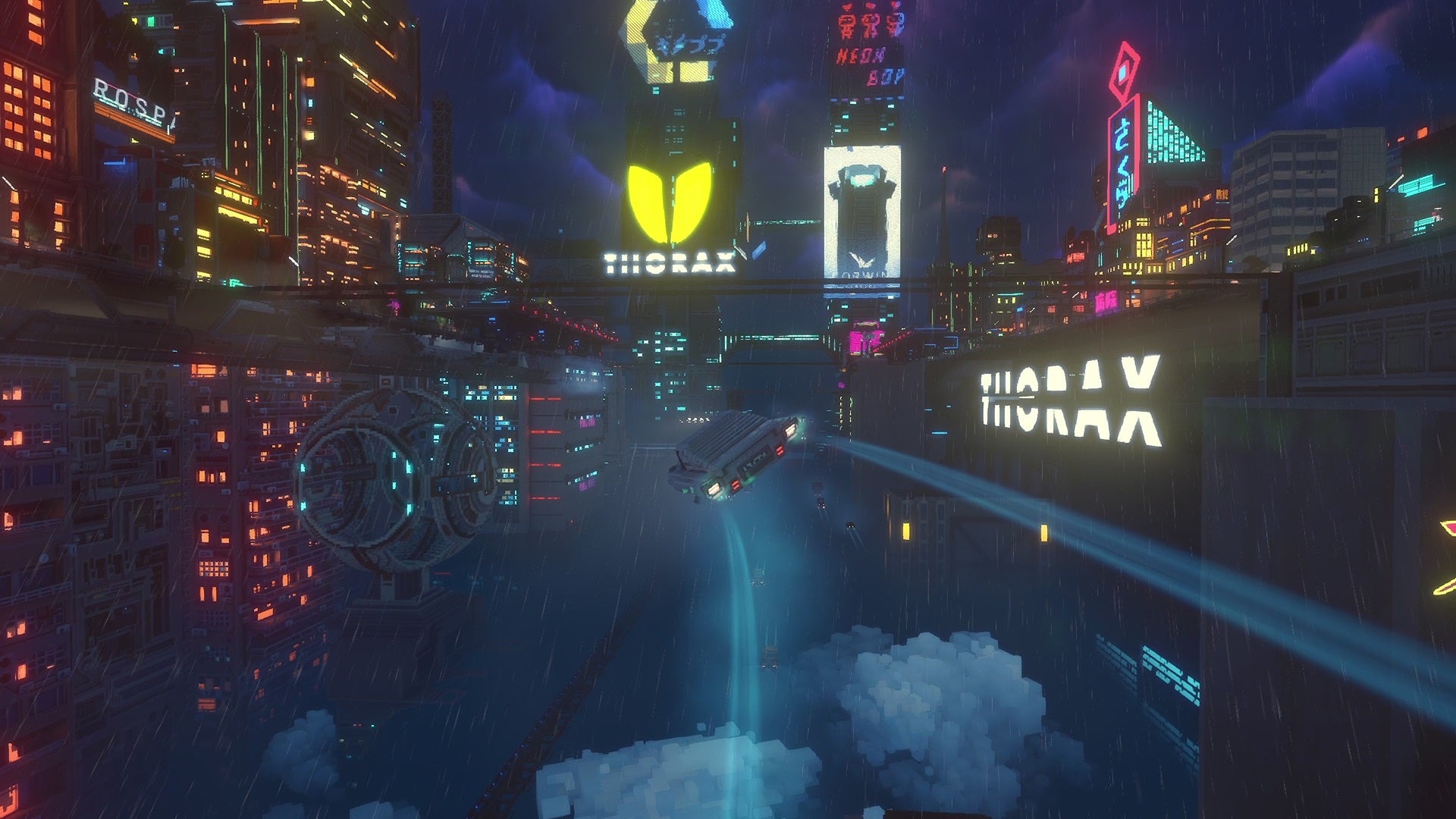 Cloudpunk - A flying car leaves neon tracks behind in the sky as it flies just above the cloud level in the nighttime city full of skyscrapers with neon lights and signs.