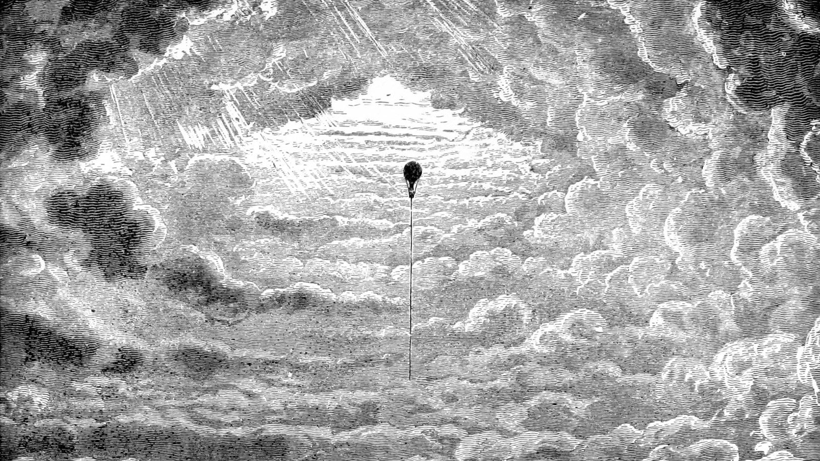 A balloon rises into thick clouds in an illustration from 'The Half Hour Library of Travel, Nature and Science for young readers'.