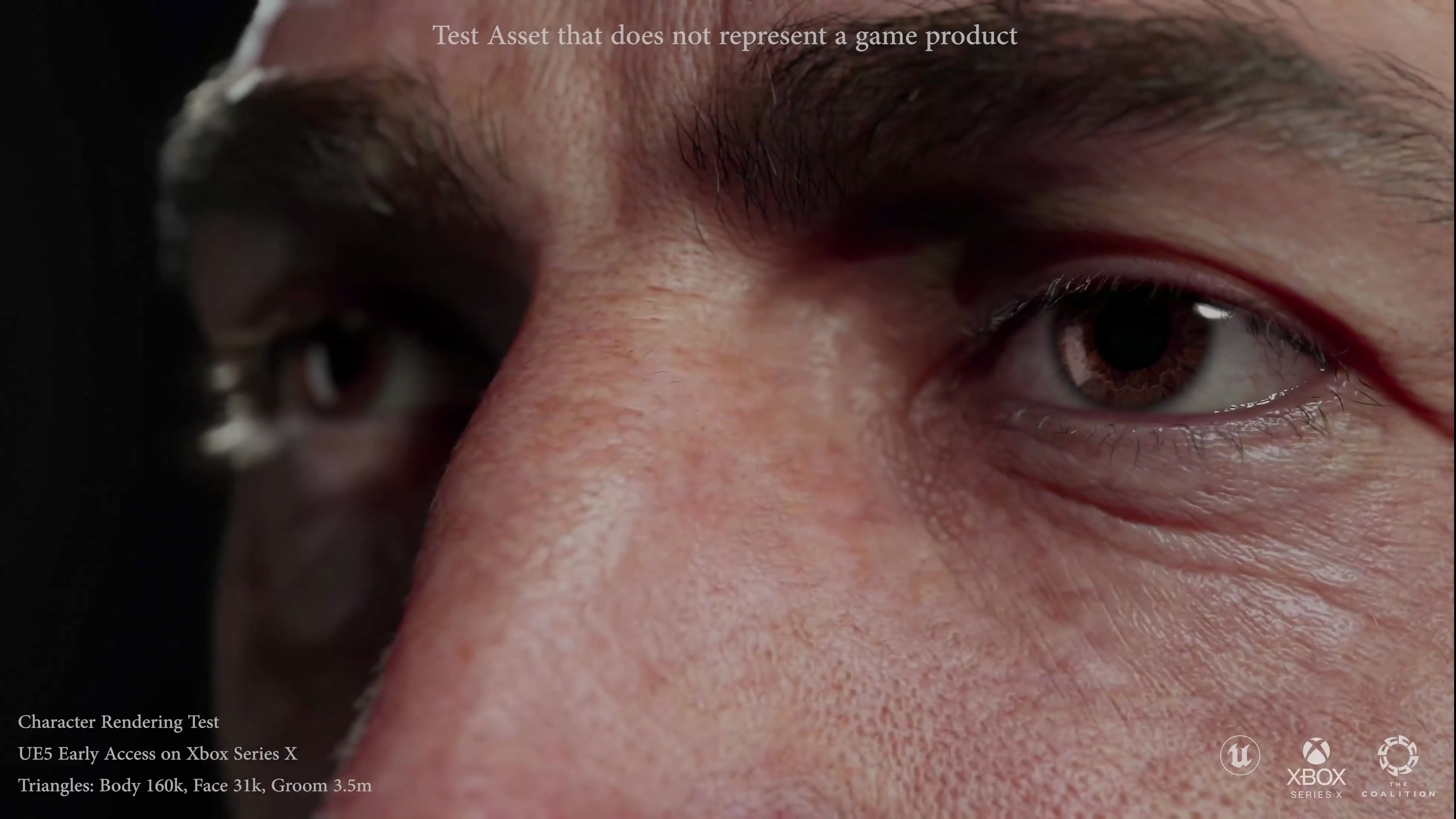 A close-up on a man's eyes in The Coalition's Unreal Engine 5 tech demo video.