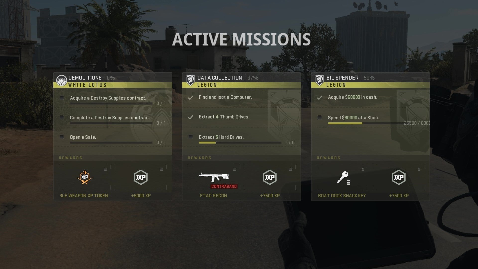 A selection of active missions in COD MW2's DMZ mode.