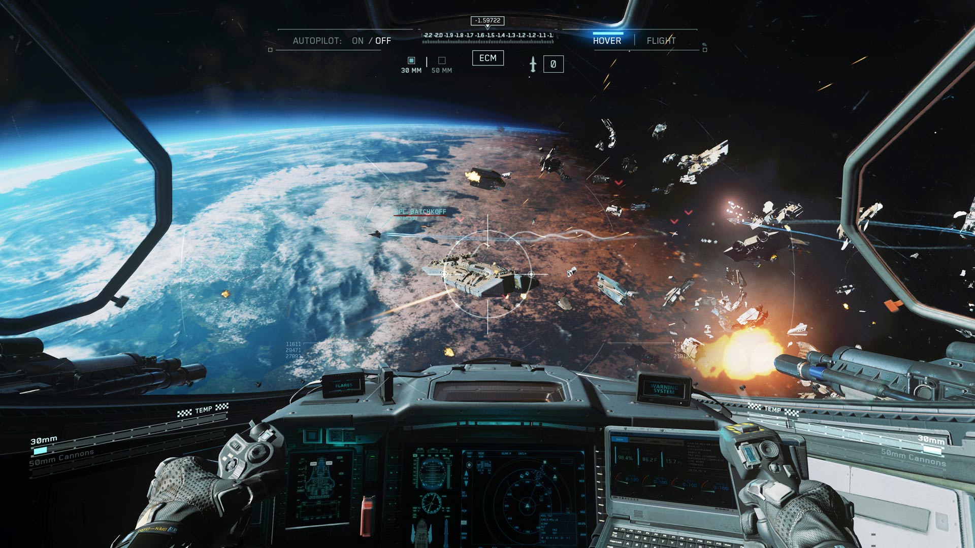 A view of a space battle from inside the cockpit of a ship in Call Of Duty Infinite Warfare