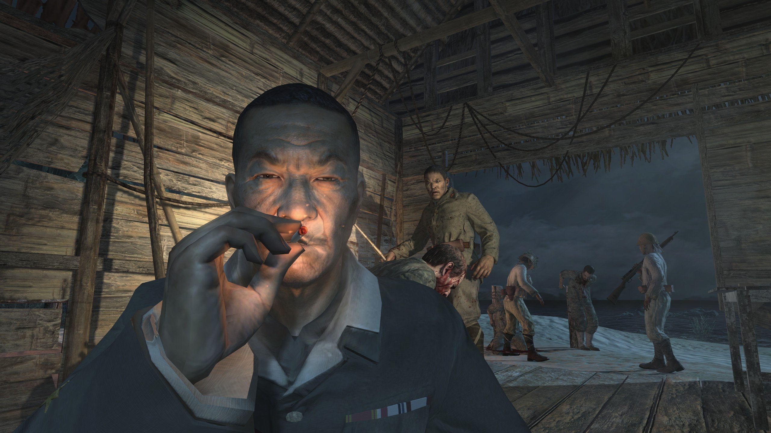 A man smokes a cigarette in your face in Call Of Duty World At War