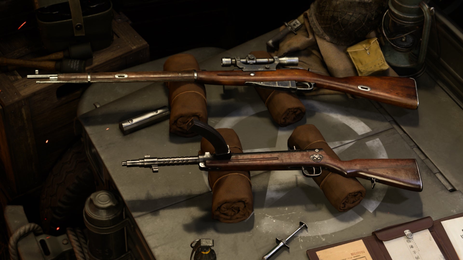 3-рядная винтовка, лежащая рядом с пистолетом-пулеметом Type 100 на экране оружейника в Call Of Duty: Vanguard.