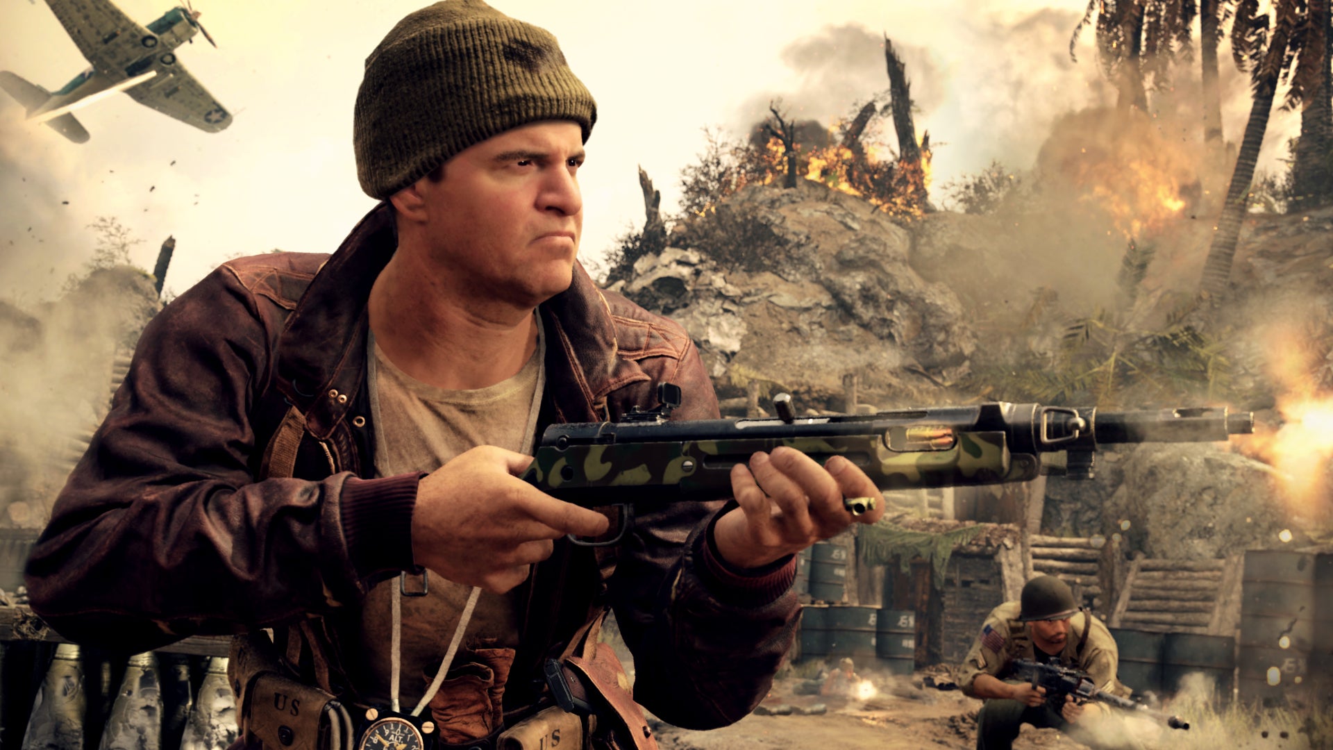 A soldier wearing a beanie hat fires their rifle offscreen in Call Of Duty: Vanguard.