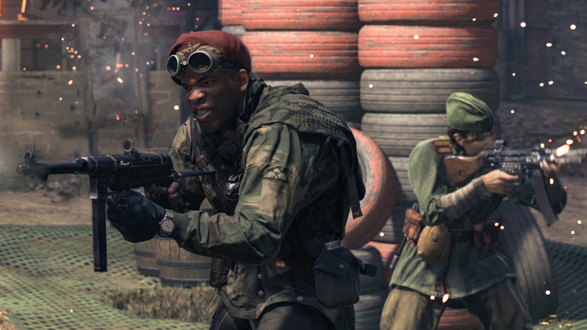 Arthur and Polina, two characters in the campaign of Call Of Duty: Vanguard, fire at enemies offscreen.
