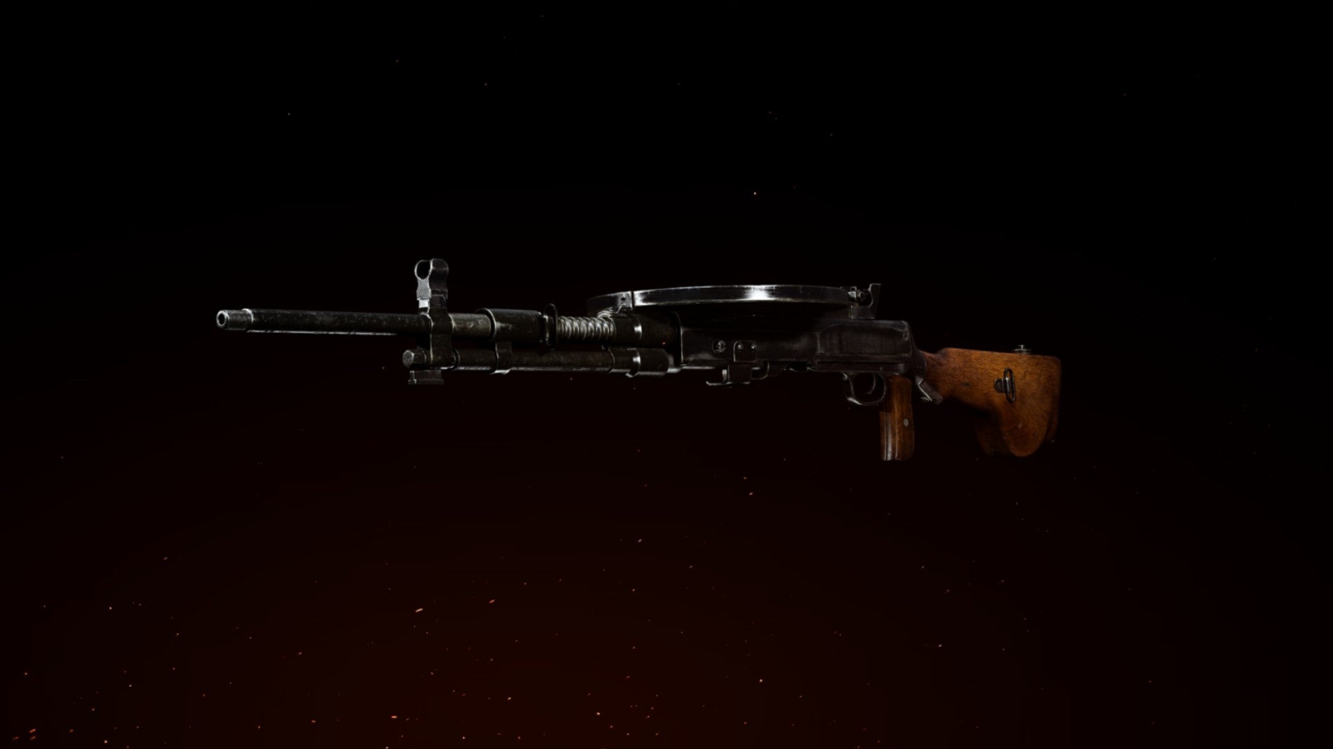 DP27 LMG in the gunsmith preview screen in Call Of Duty: Vanguard. Dark background with fiery red hue in lower left corner.