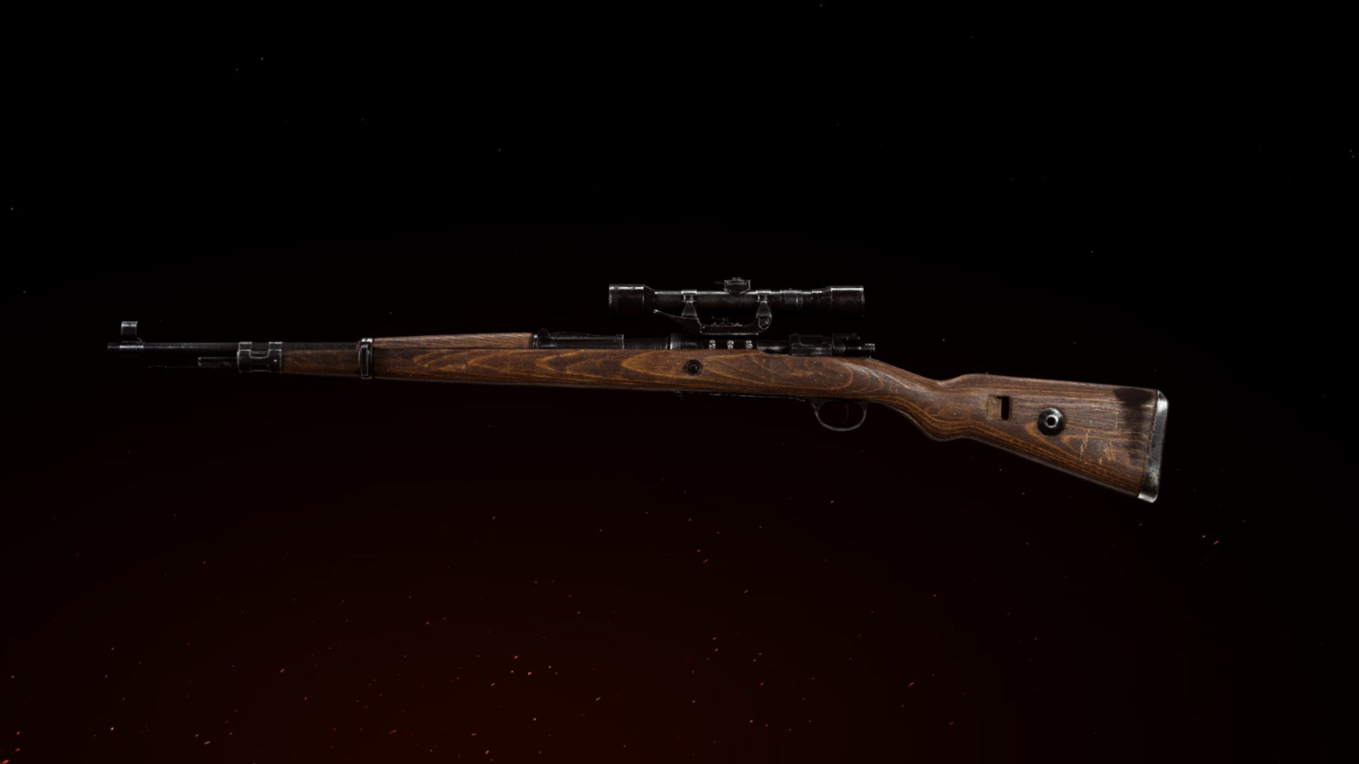 Kar98k in the COD Vanguard weapon preview screen in the gunsmith. Dark background with fiery red hue in lower left corner.