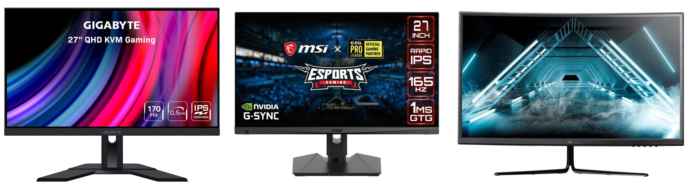 a photo of three gaming monitors side by side, from MSI, Gigabyte and Monoprice