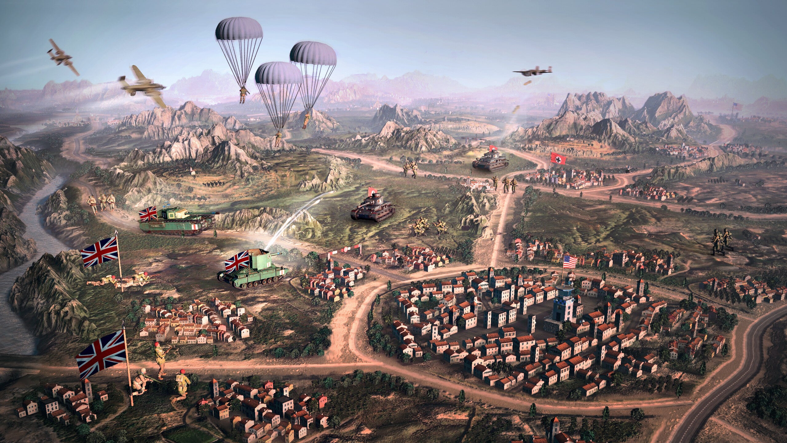 An aerial view of the Company Of Heroes 3 dynamic campaign map, showing soldiers parachuting through the sky while tanks fire on nearby towns