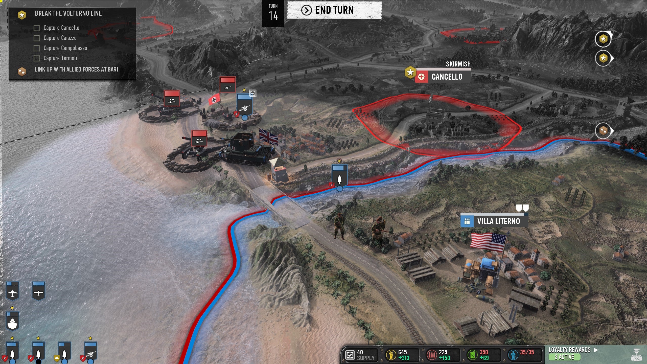 A troop of soldiers and a tank unit approach the Italian town of Cancello in Company Of Heroes 3