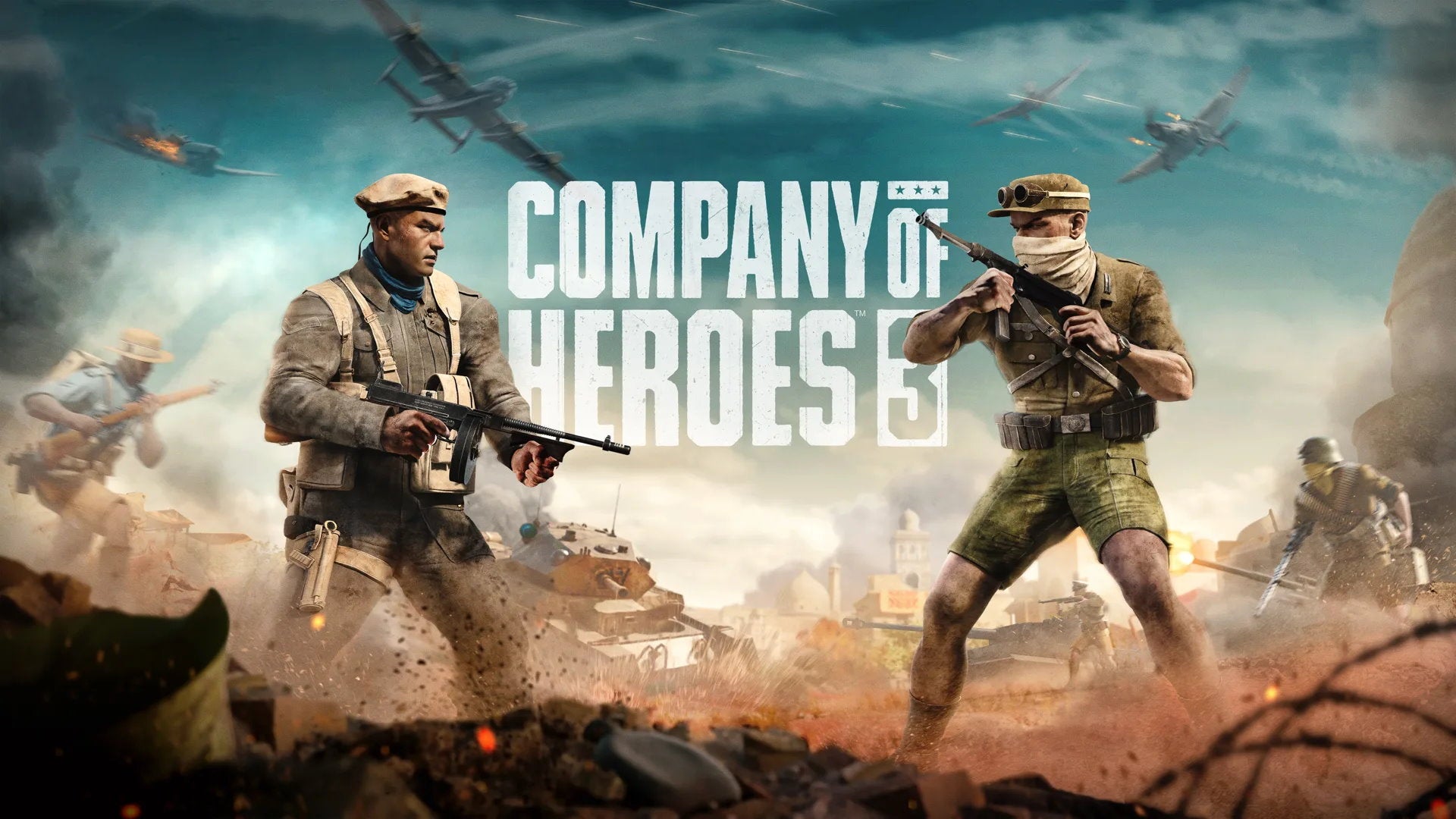 Two soldiers face each other in front of the Company Of Heroes 3 logo