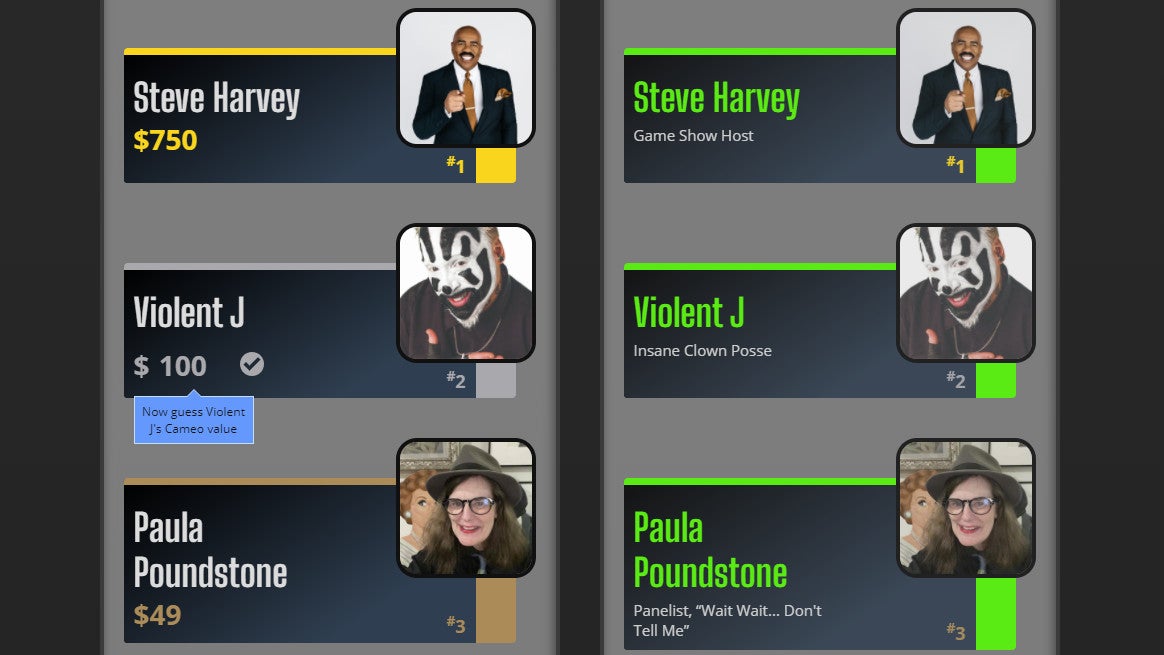 Guessing the Cameo prices of Steve Harvey, Violent J, and Paula Poundstone in a Comparatively Famous screenshot.