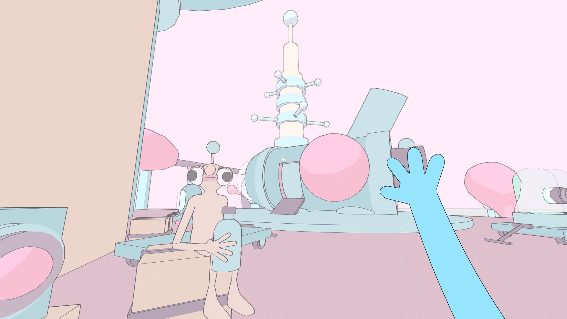 A screenshot of Completely Stretchy And Uncomfortably Sticky showing a pale-coloured, flat-textured world with what looks like a rocket ship and next to it an odd-looking man holding a water bottle.