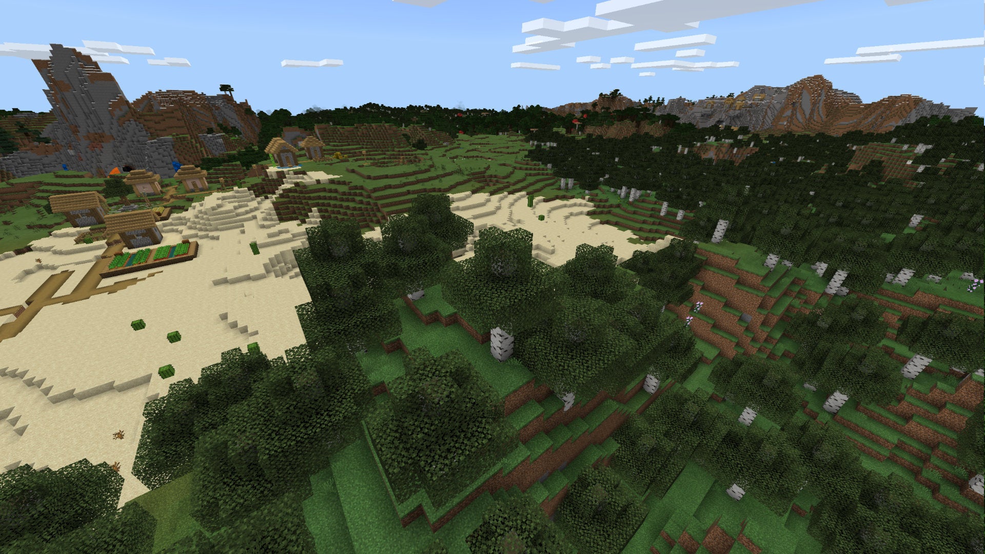 A Minecraft Bedrock screenshot of a landscape displayed using the Compromise Texture Pack.