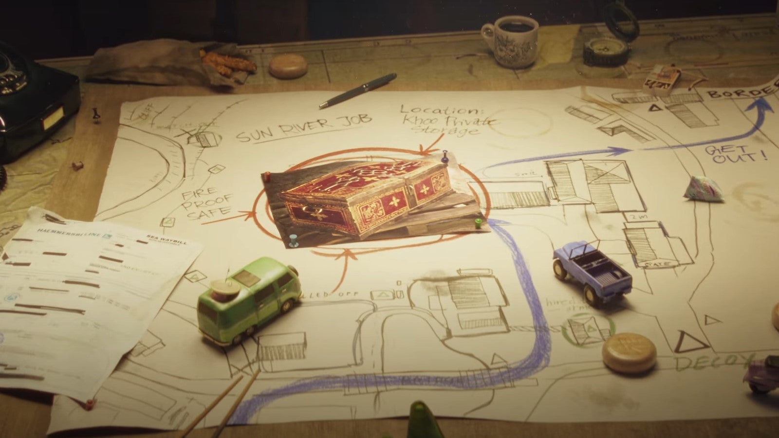A map with a cool safe and loads of notes in the Contraband trailer.