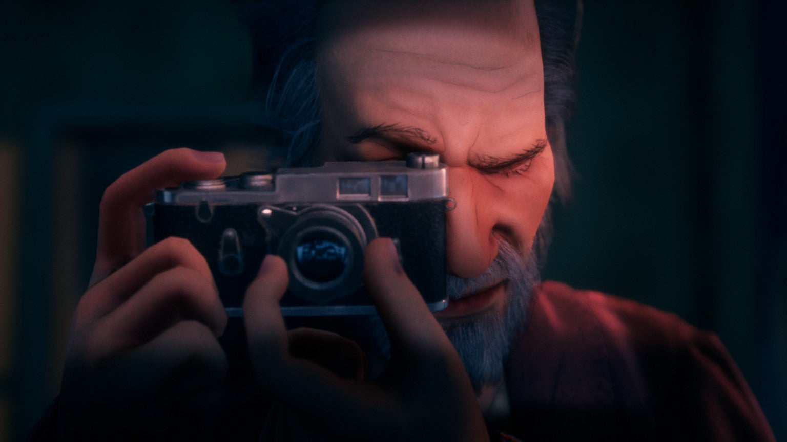A close-up of man looking through the viewfinder of a camera, finger ready to take a picture, in a Conway: Disappearance At Dahlia View screenshot.