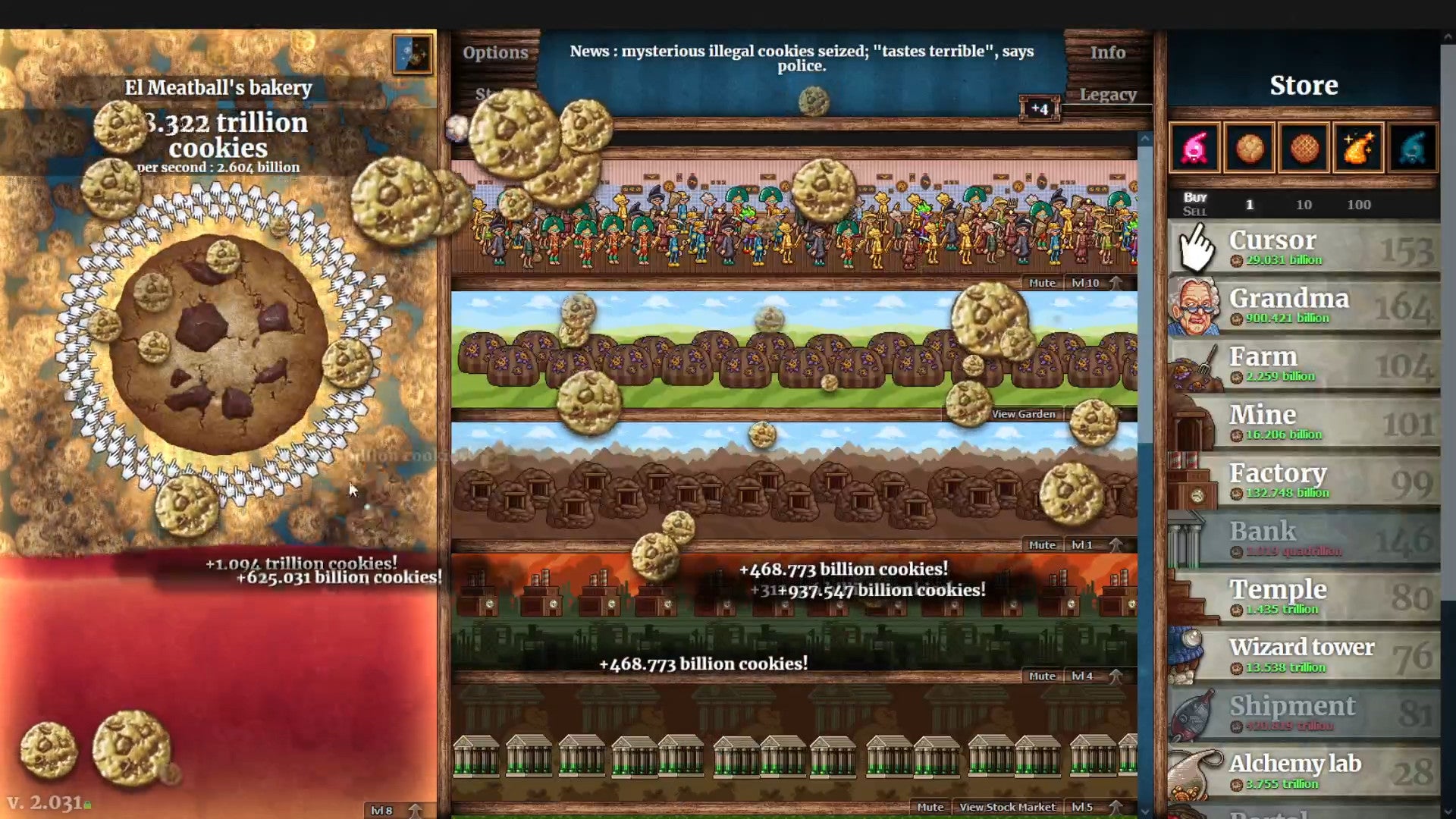 Cookie Clicker - El Meatball's bakery generating 3.322 trillion cookies per second with a sidebar of unlocked Grandmas, Farms, Factories producing cookies.