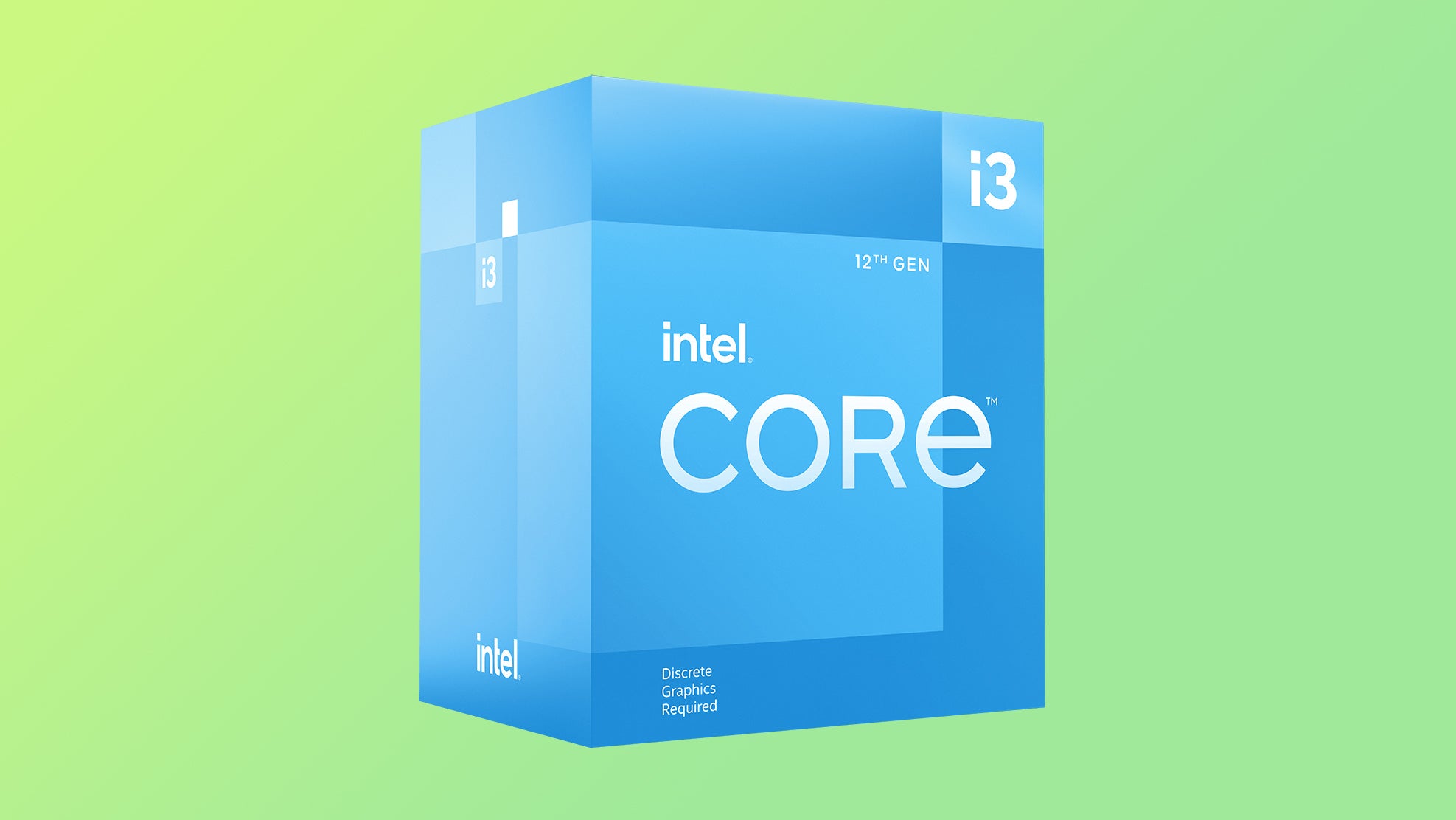 the intel core i3 12100f processor, shown in a blue box marked with the wording 'discrete graphics required'