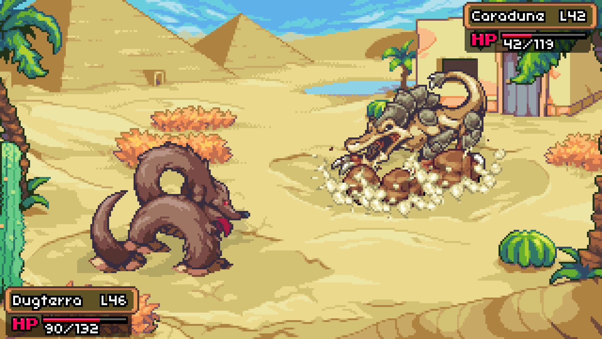 Two sandy creatures facing each other in a Coromon battle.