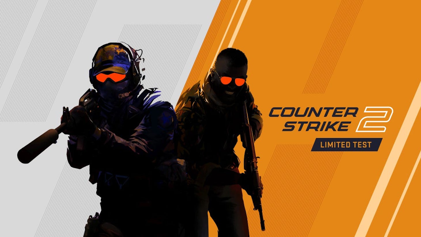 The silhouette of two soldiers wielding rifles standing next to the Counter Strike 2 limited test logo