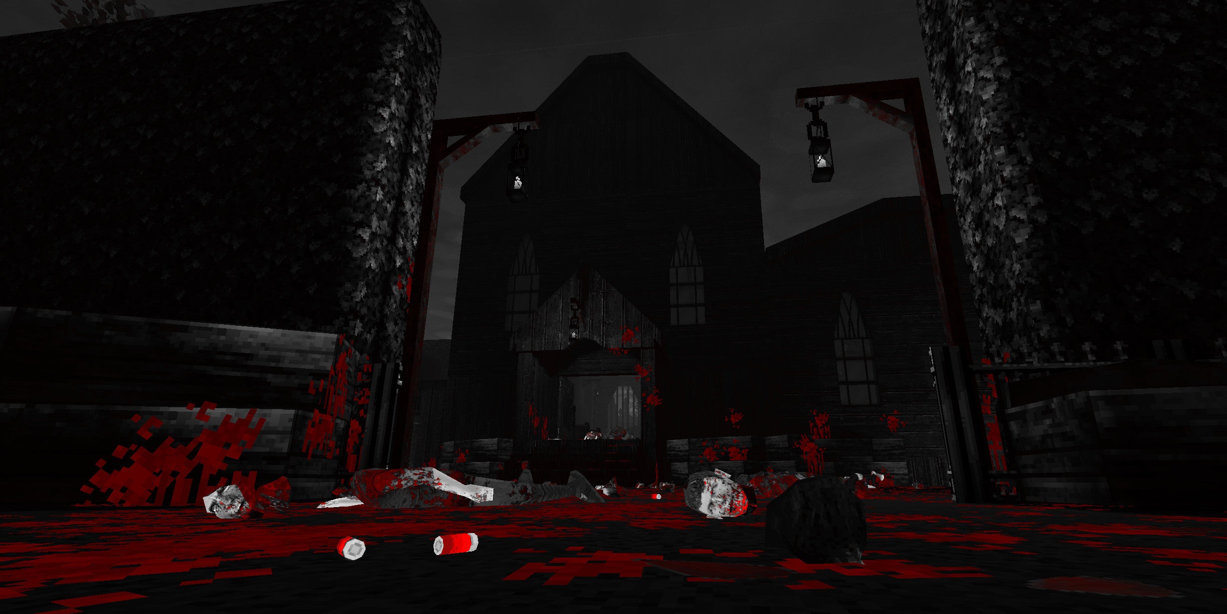 Heads and other body limbs lie on a blood-splattered floor in a dark village in Coven