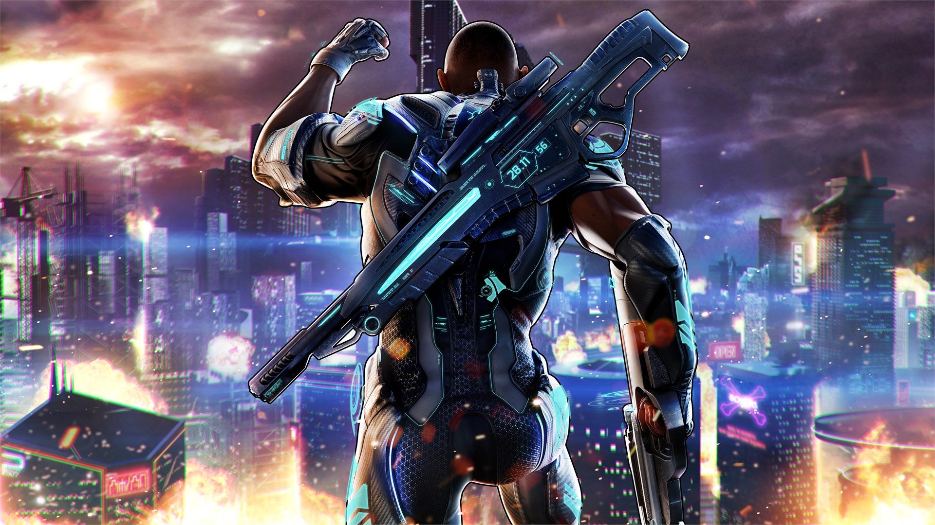 A man in a metal suit faces away from the camera pumping their fist in Crackdown 3