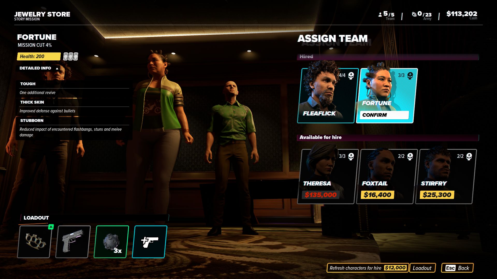 La pantalla de selección de equipo en Crime Boss: Rockay City