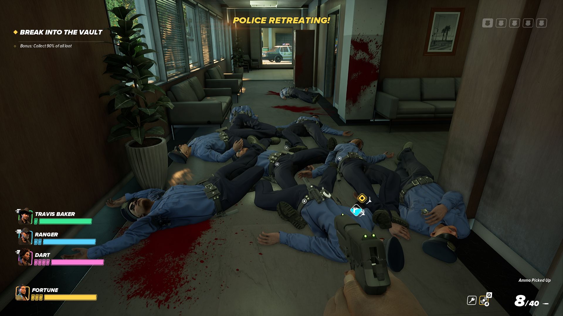 A heap of dead police officers in the hallway of a bank, under the pop up alert telling you the police are retreating