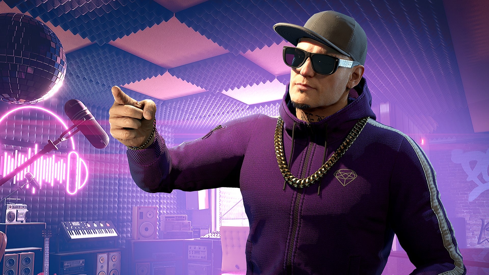 Vanilla Ice dressed in shades, a cap, and a purple hoodie is in a disco basement in Crime Boss: Rockay City.