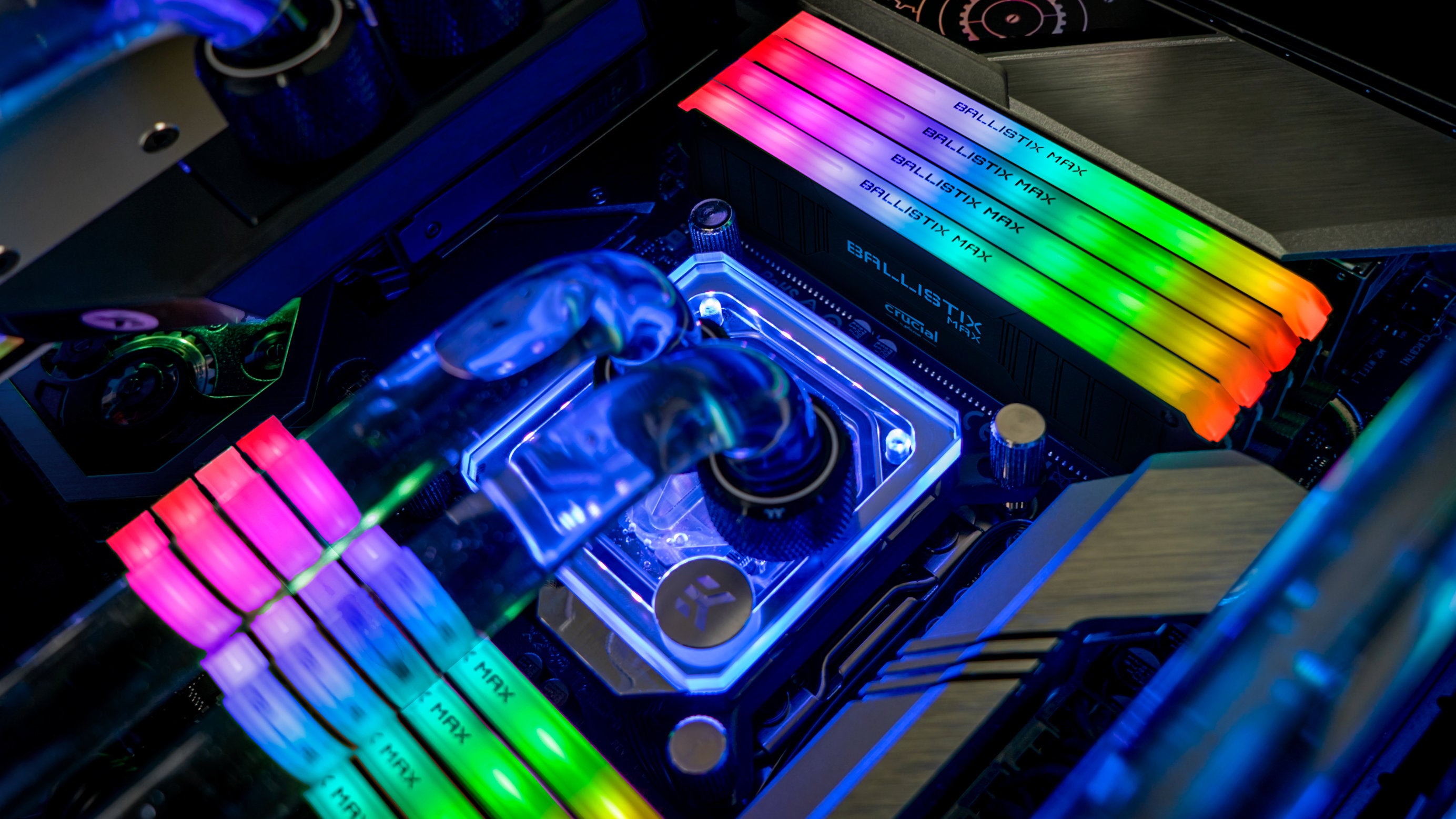 A photograph of glowing Crucial Ballistix MAX RGB memory.
