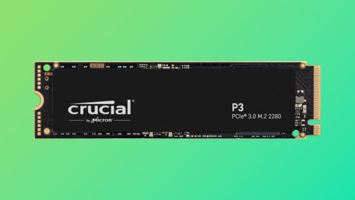 crucial p3 nvme ssd, shown on a green background. the drive is in the m.2 form factor and operates over the pcie 3.0 protocol.