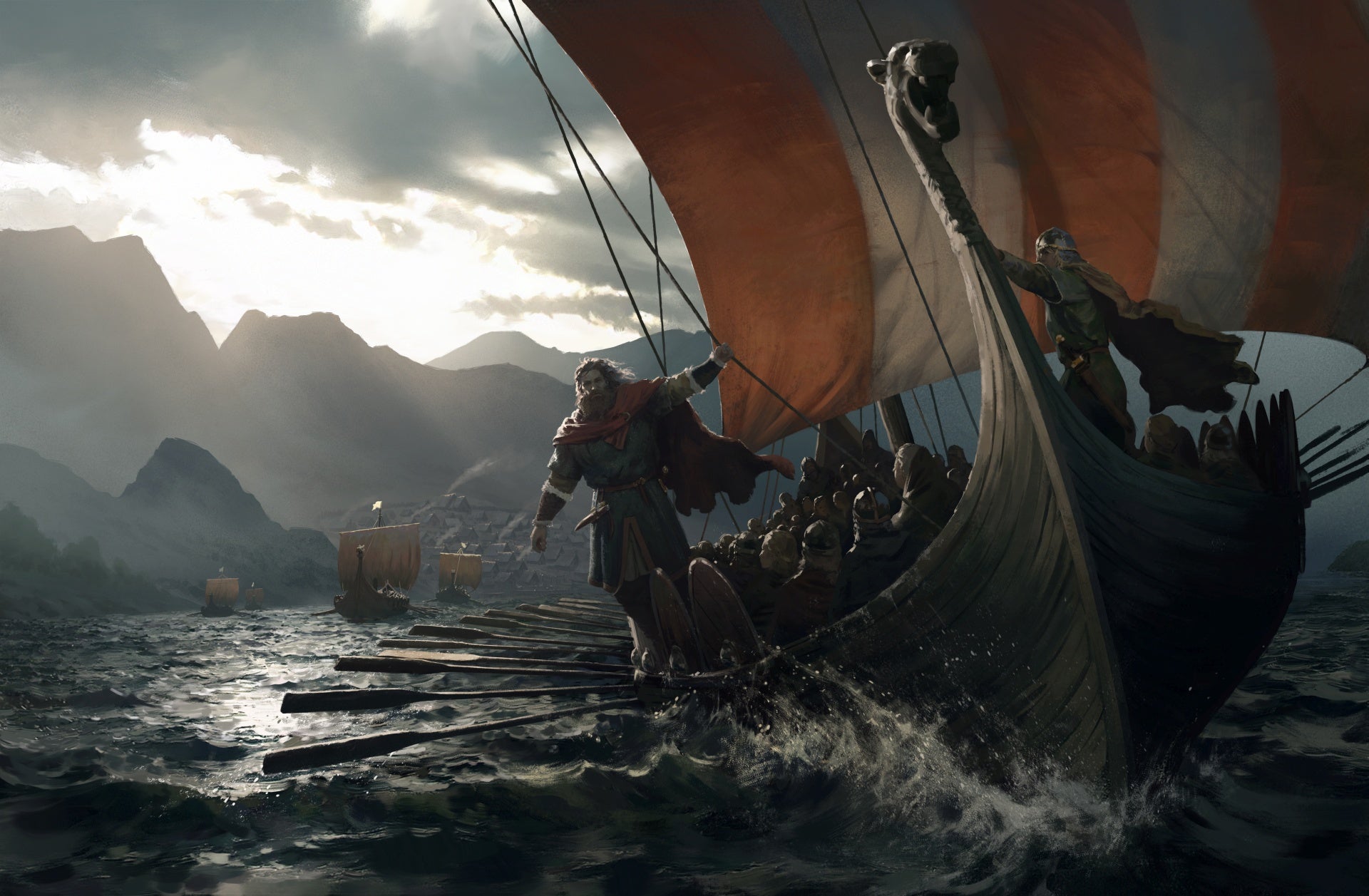 Key art for Crusader Kings 3's Northern Lords expansion, showing a viking longship at sea, oars in the water, and a lordy looking fellow hanging off the side of the ship and facing towards the viewer.