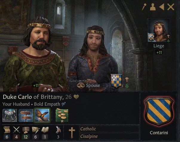 A king and his husband in a Crusader Kings 3 same-sex marriage screenshot.