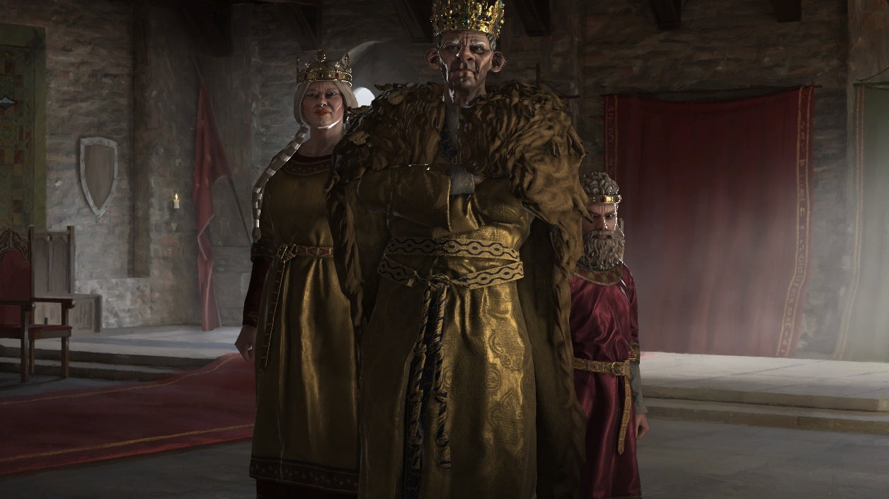 A monolithic, glowering king with a face like a starved bear, who barely fits on the screen, next to a giant woman and what appears to be a scowling, bearded child.